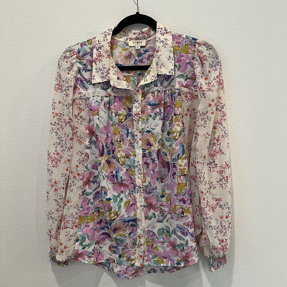 Umgee Women’s Floral Button Up Shirt Blouse Medium Career Casual Vibrant